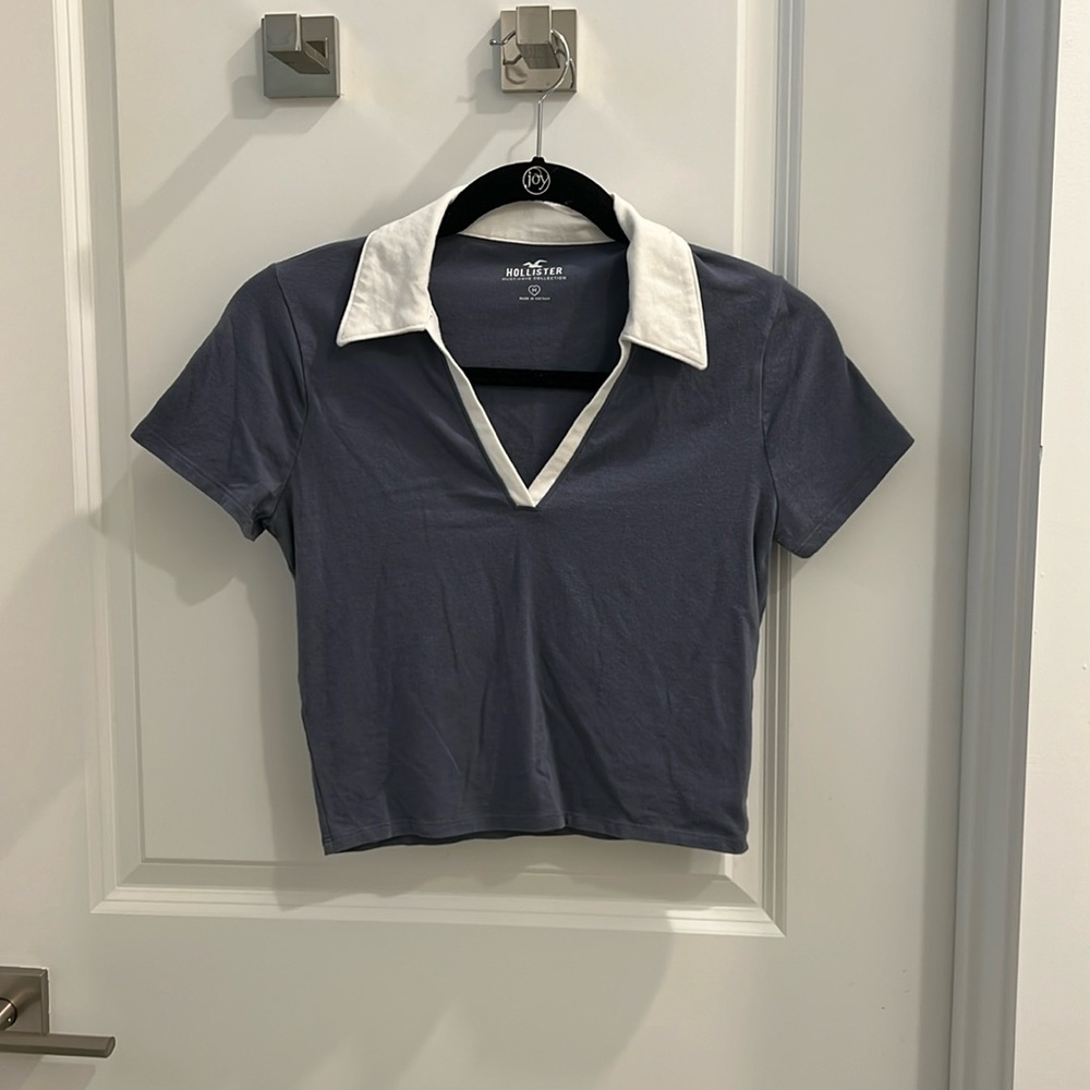 Gray and White Collared and Cropped Tee from Hollister